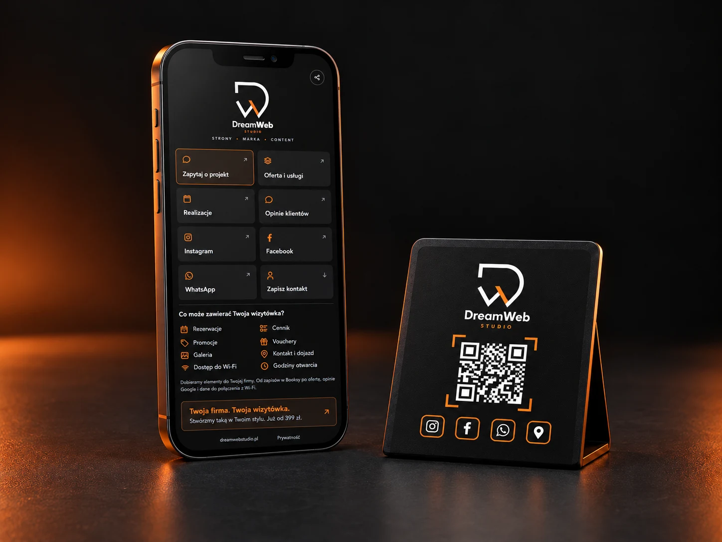 Wizualizacja wizytówki DreamWeb na telefonie i stojaku