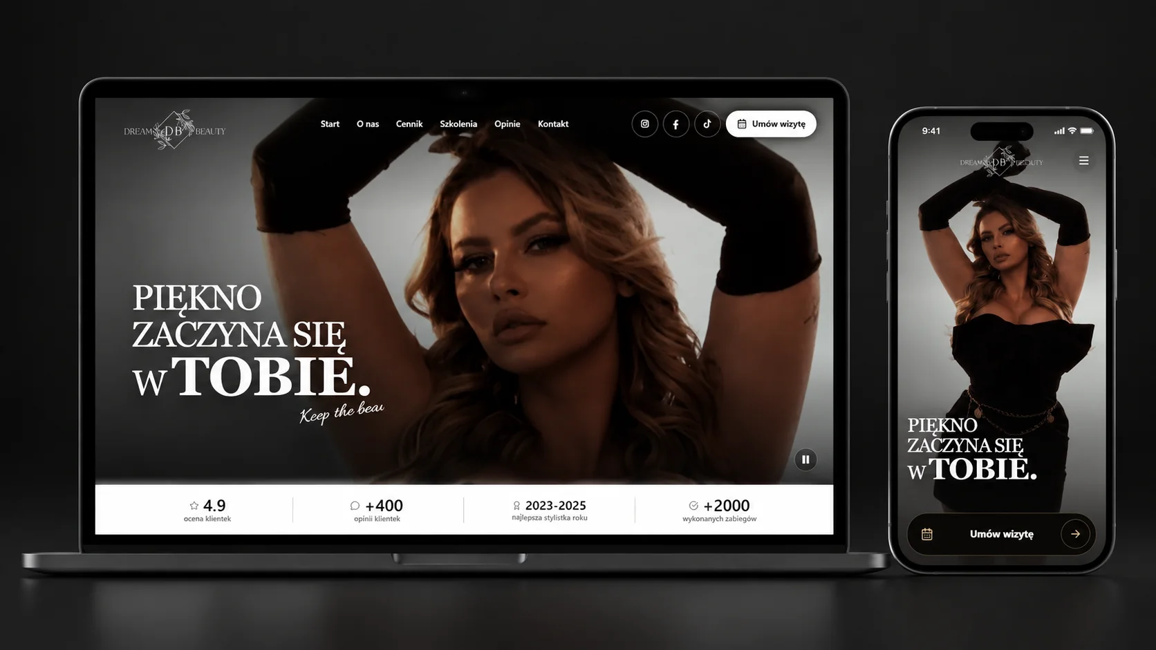 Strona Dream Beauty na laptopie i telefonie, na ciemnym tle.