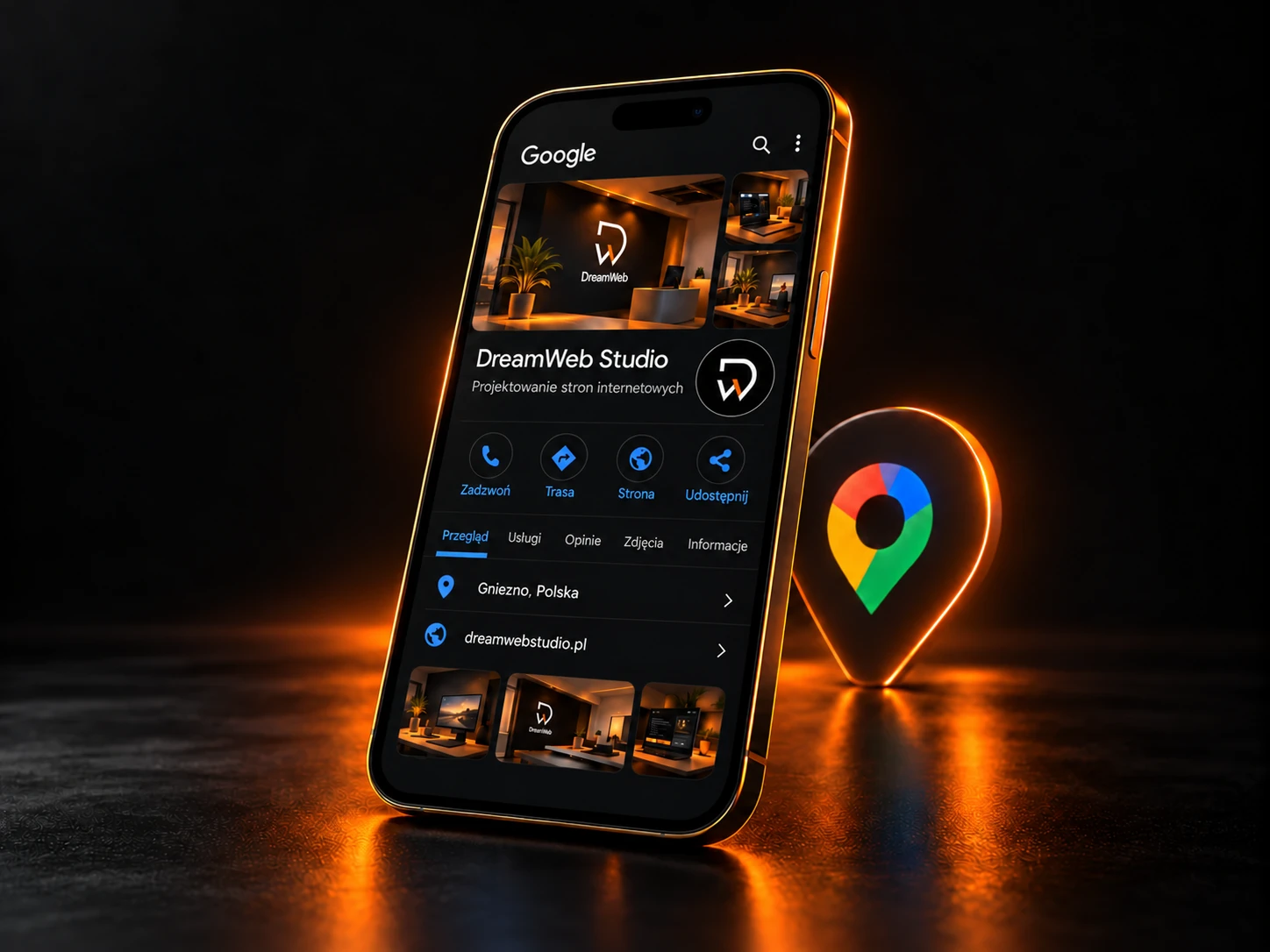 Przykład wizytówki Google DreamWeb Studio na ekranie telefonu