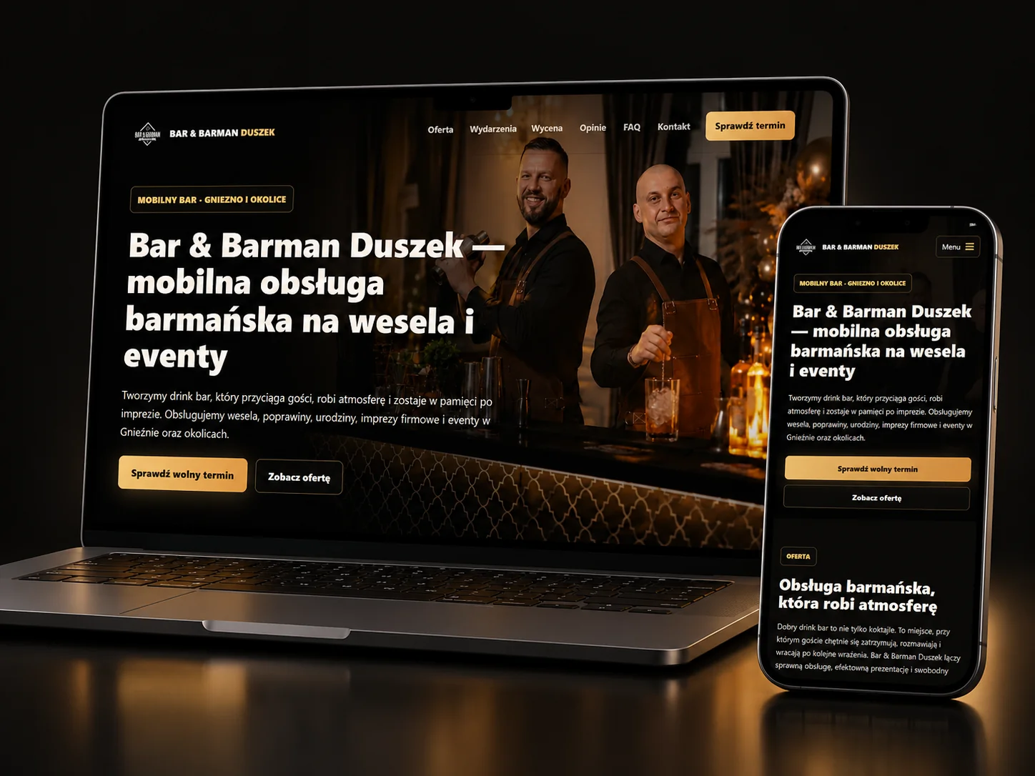 Strona Bar & Barman Duszek na laptopie i telefonie, na ciemnym tle.