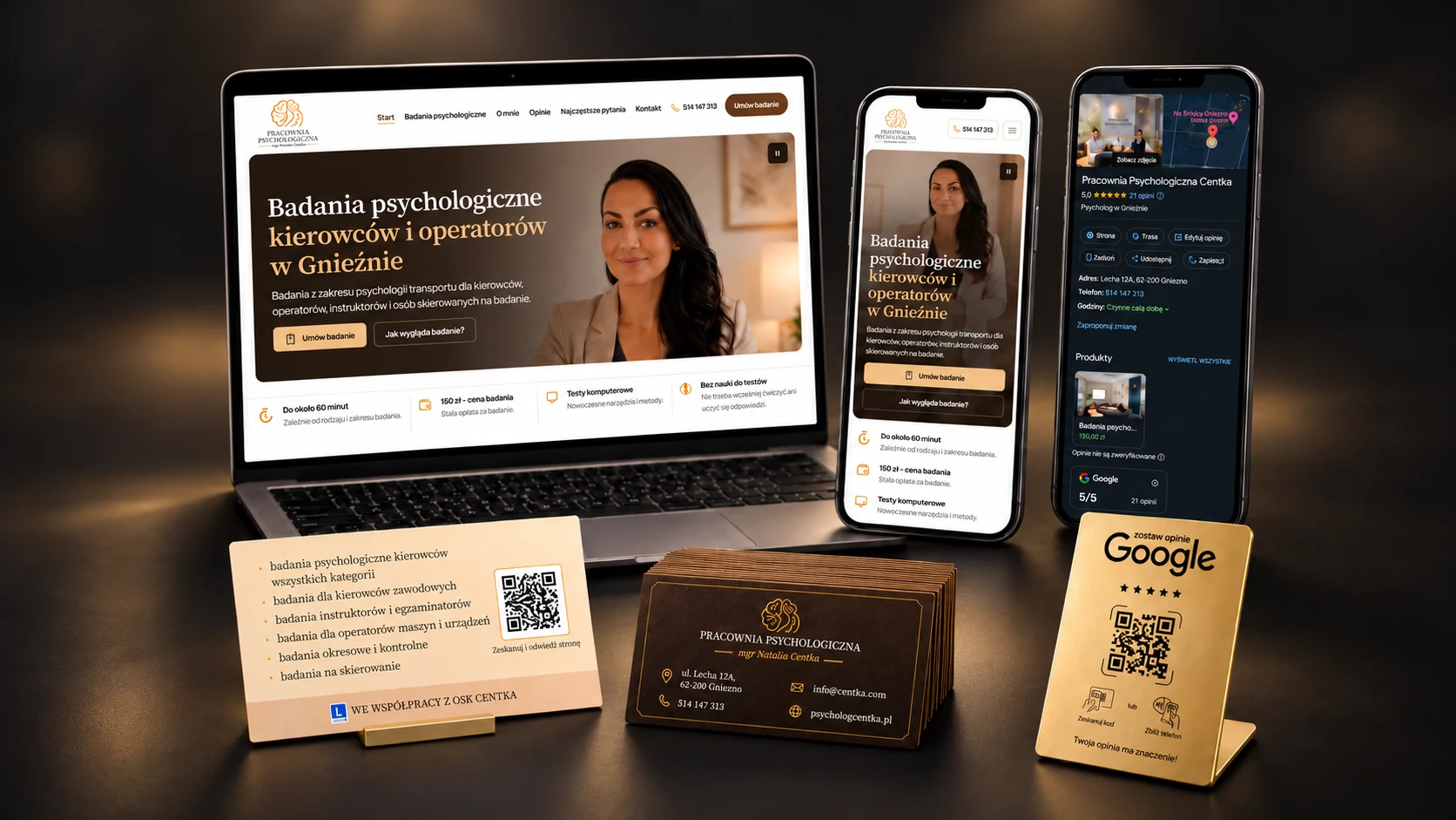 Prezentacja marki Pracowni Psychologicznej Centka: strona na laptopie i telefonie, wizytówka Google, materiały drukowane i stojak QR/NFC.