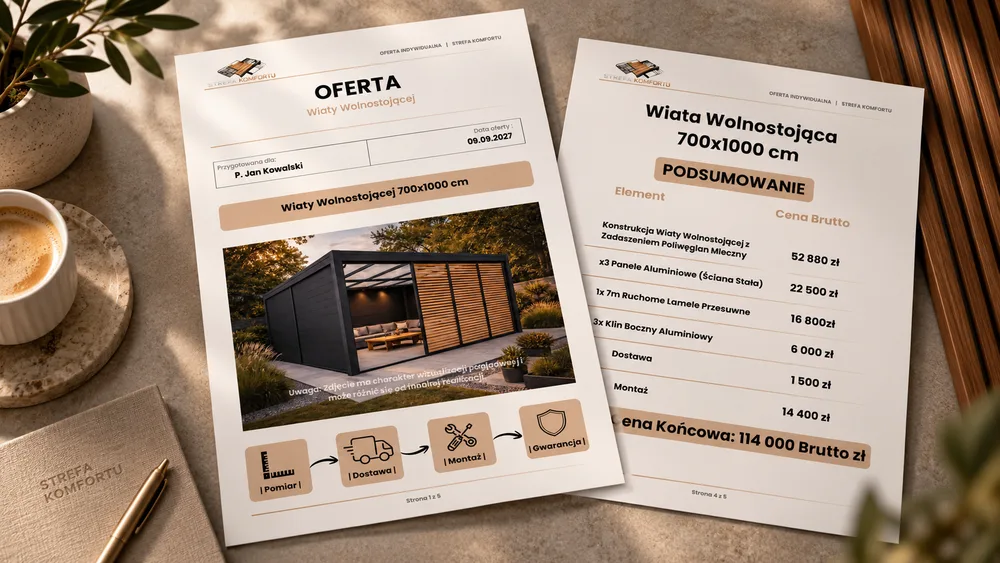 Projekt oferty Strefy Komfortu - okładka i podsumowanie oferty wiaty wolnostojącej.